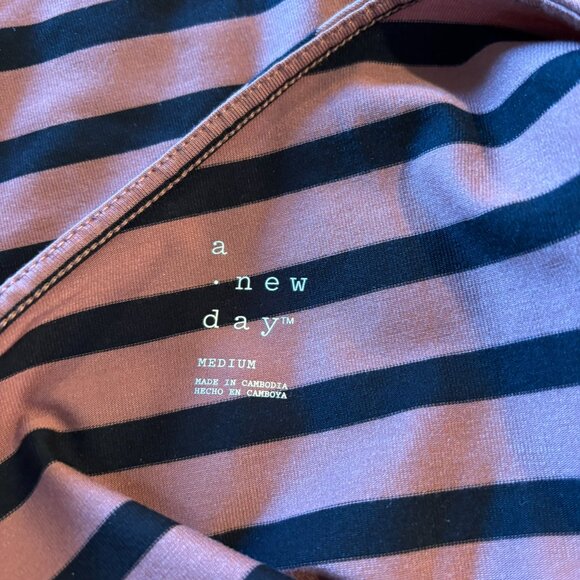 NWT A New Day One Shoulder Shirt Side Ruching Brown Black Stripe M Medium - Picture 5 of 6